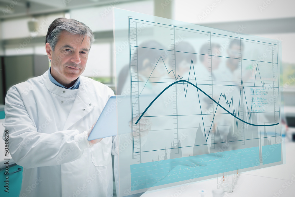 Poster Confident scientist working with tablet and futuristic interface