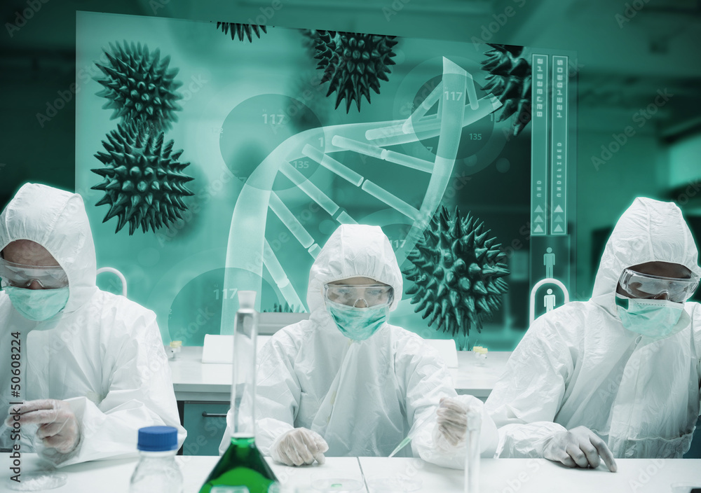 Poster Scientists working in protective suite with futuristic interface