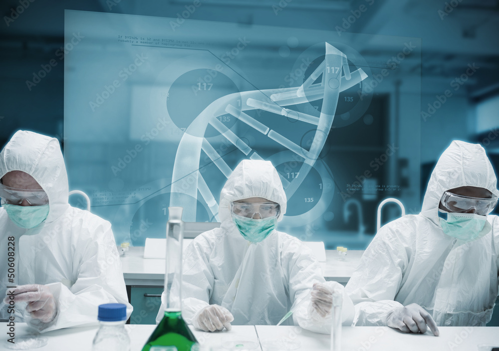 Poster Chemists working in the lab with futuristic interface