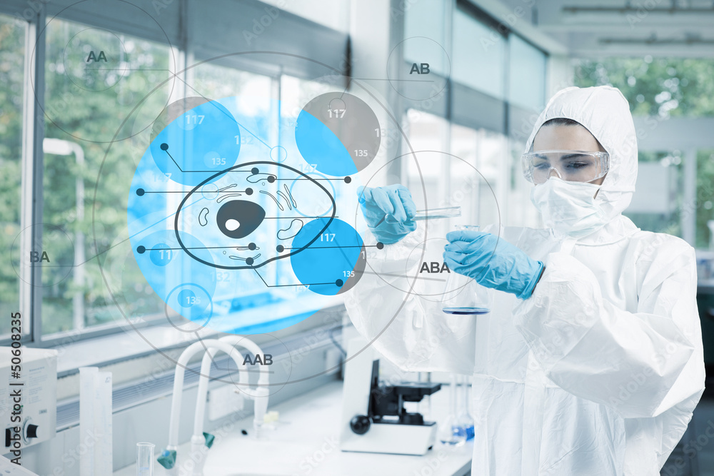 Poster scientist in protective suit working with cell diagram interface