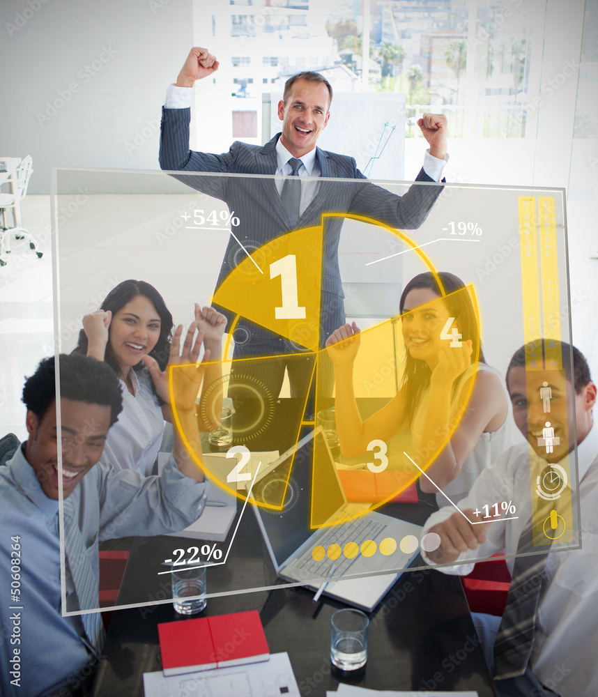 Poster cheering business people using pie chart interface