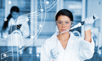 Serious chemist working with white dna helix diagram inteface