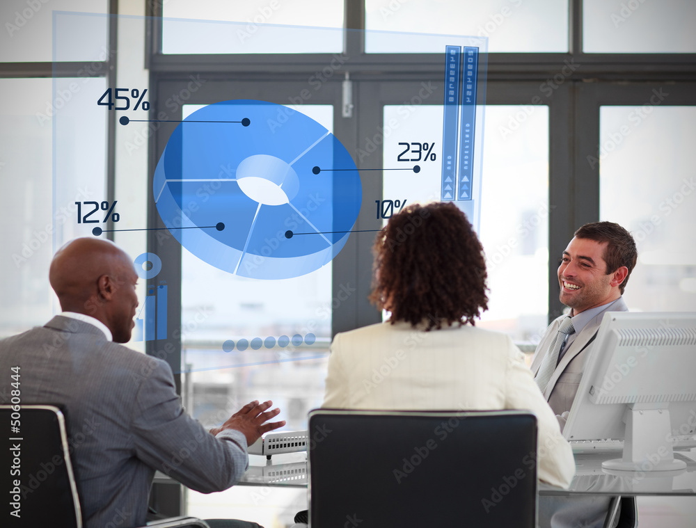Poster smiling business people using blue pie chart on futuristic inter