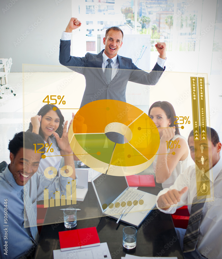 Poster cheerful business people using yellow pie chart interface