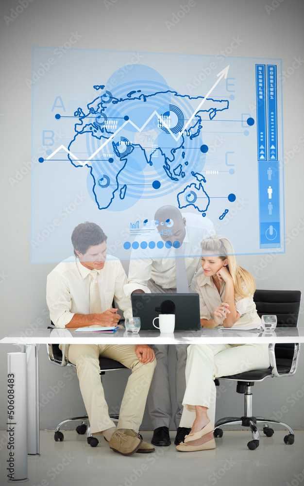 Poster three business people using blue map diagram interface
