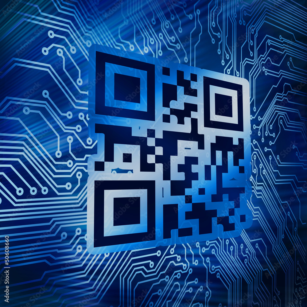 Poster Qr code standing in front of circuit board