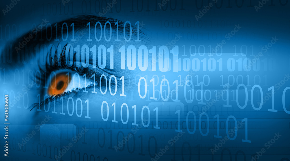 Poster woman looking away on binary code background