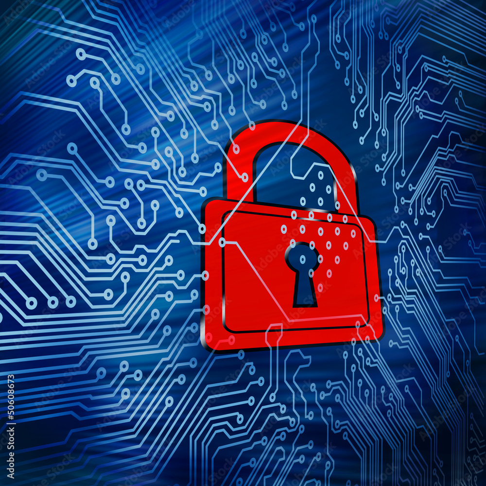 Aufkleber Digital circuit board with red padlock in the middle