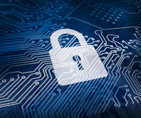 White digital padlock over circuit board