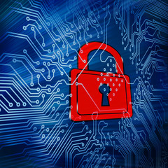 Digital circuit board with red padlock in the middle