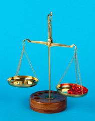 Classic scales with color pills on color background