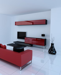 Modern white living room with red couch | 3d interior