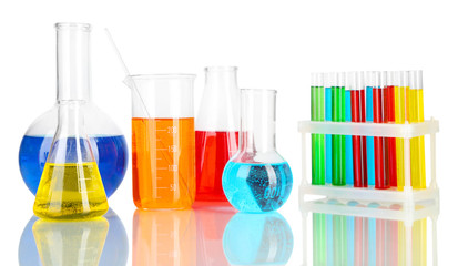 Test tubes with colorful liquids isolated on white
