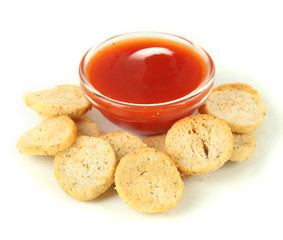 Crackers  and sauce, isolated on white