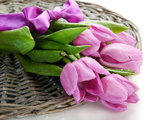 Beautiful bouquet of purple tulips, isolated on white