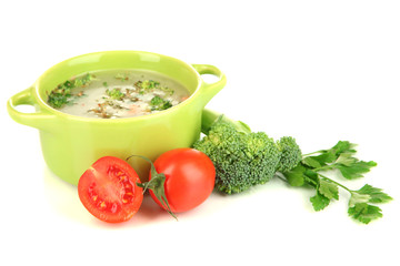 Diet soup with vegetables in pan isolated on white