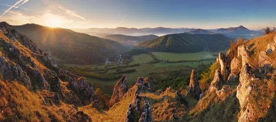 Cercles muraux Printemps Spring mountain panorama in Slovakia with sun