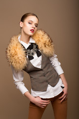 Perfect Arrogant Woman in Grey Waistcoat and Fur Collar