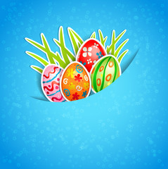 Easter blue background with egg and grass