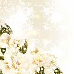 Obraz na płótnie Canvas Beautiful design background with pastel roses, pears, swirl orna