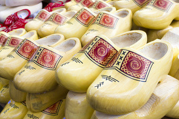 Dutch traditional wooden shoes with ornament, clogs, symbol of t