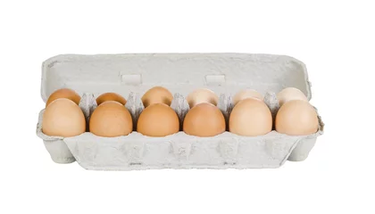 Fotobehang Eieren One Dozen Fresh Eggs in Carton on White  © tab62