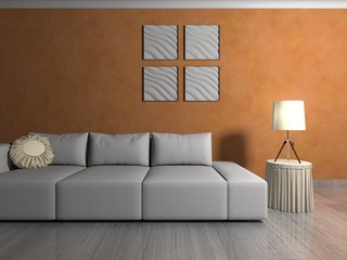 Wohndesign - Sofa vor orangener Tapete