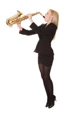 Naklejka premium Beautiful young woman playing saxophone