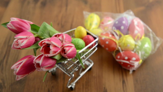 shopping easter decoration like tulips and eggs