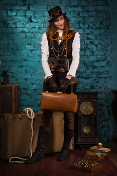 Steam punk girl with suitcase
