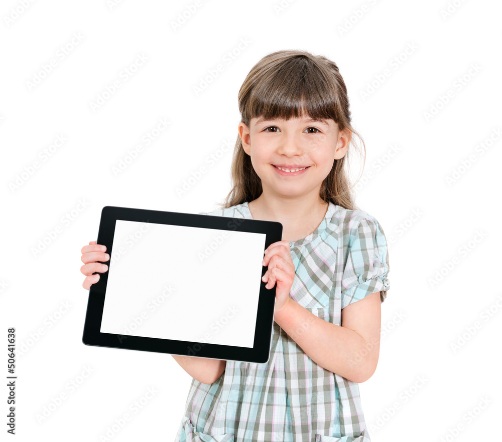 Wall mural happy little girl holding a blank tablet