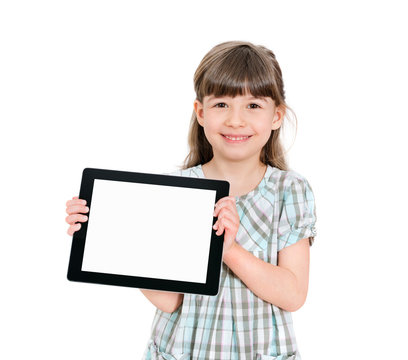 Happy little girl holding a blank tablet