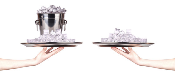 silver tray full of ice with hand