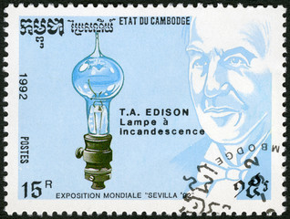 CAMBODIA - 1992: shows Thomas Edison (1847-1931), electric light