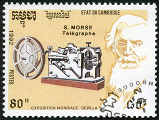 CAMBODIA -1992: shows Samuel Morse (1791-1872), telegraph