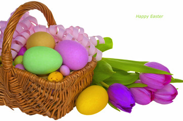 Easter eggs in a basket on white background.