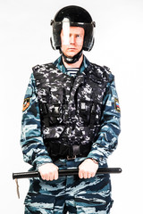 Fototapeta na wymiar police special squad officer in full ammunition