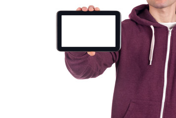 young man holding blank digital tablet.
