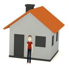 3d render of cartoon character with cartoon house