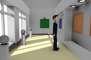 3d render of cartoon character in gallery