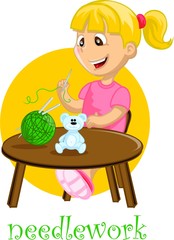 Мультипликационный персонаж, девушка на рукоделии