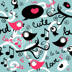 Seamless pattern with cute singing birds