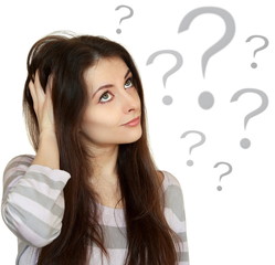 Thinking business woman with question mark over head isolated on