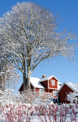 Swedish house on the hill in winter season