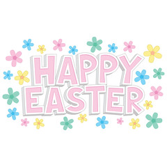 Happy Easter text surrounded by colored flowers