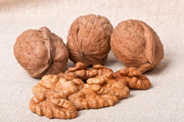 walnuts on a background of old fabric