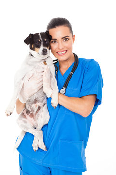 young veterinarian holding a dog