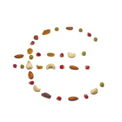 Euro sign made as a fruit, nut and vegetable lay out