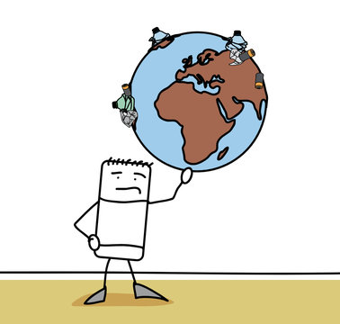 Personnage qui tient un gloge pollu&eacute; par des d&eacute;chets