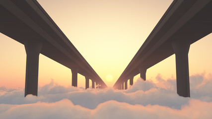 Two highways above clouds heading into a sunset